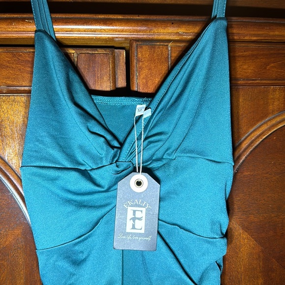 Ekaliy Spaghetti Strap Ruched Backless Bodycon Party Club Midi Green Dress - Picture 8 of 11